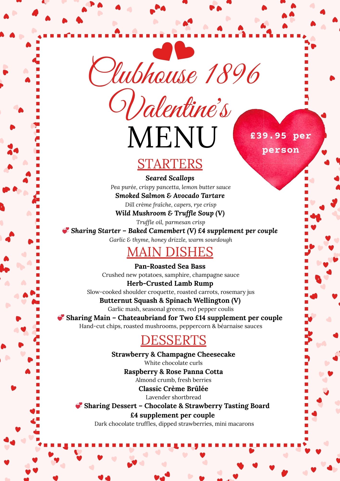 Clubhouse 1896 Valentines Menu 2026